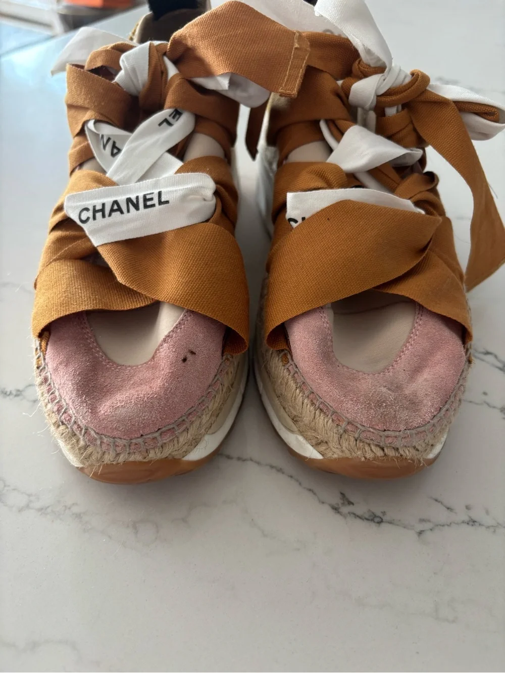CHANEL Laced Free Tan & Pink Canvas Espadrille Platform Sandals with Ribbon Ties